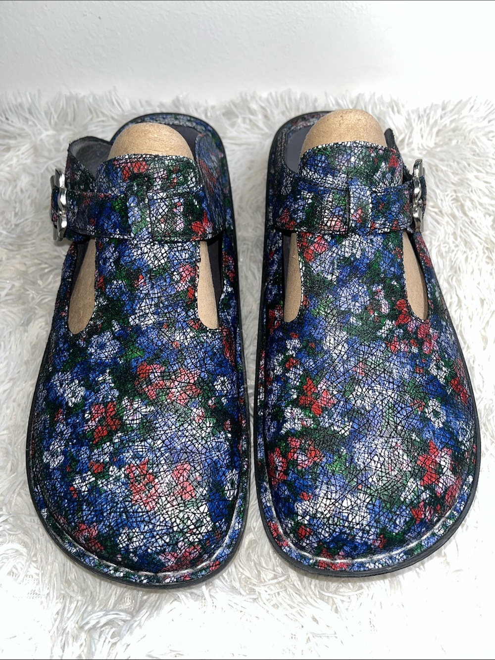 Alegria Floral T-Strap Sandals in Blue/Red/Green